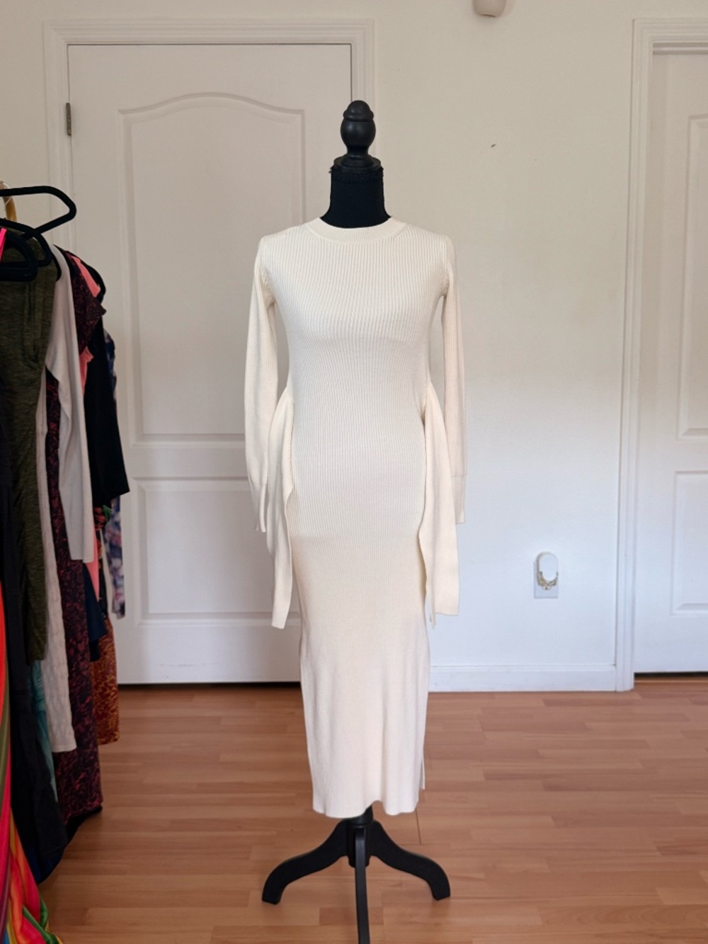 Paris Atelier& Other Stories Ivory Ribbed Sweater Dress XS Tie Waist Side Slit